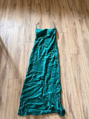 Meshki Teal Satin Midi Slip Dress with Chain Straps *broken strap*